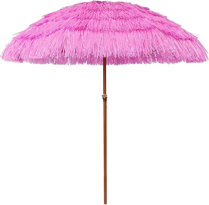 AMMSUN 7.5ft Hula Thatched Tiki Patio Beach Umbrella Hawaiian Style 10 Ribs UPF 50+ with Tilt Carry Bag for Outdoor Tiki Bar, Tropical Palapa, Patio Garden Beach Pool Backyard Pink