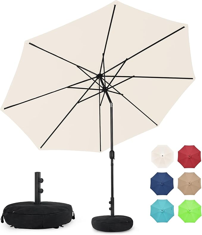 Sundale Outdoor 11 ft Patio Umbrella with Sand Bag Umbrella Base Included, Outdoor Umbrella with Tilt and Crank, Beige