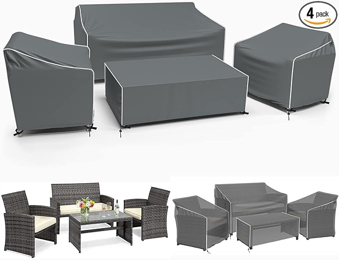 Gasadar Patio Furniture Covers, 4-Piece Outdoor Furniture Cover Waterproof for Patio Loveseat, Chair and Coffee Table, 500D Heavy Duty, Grey