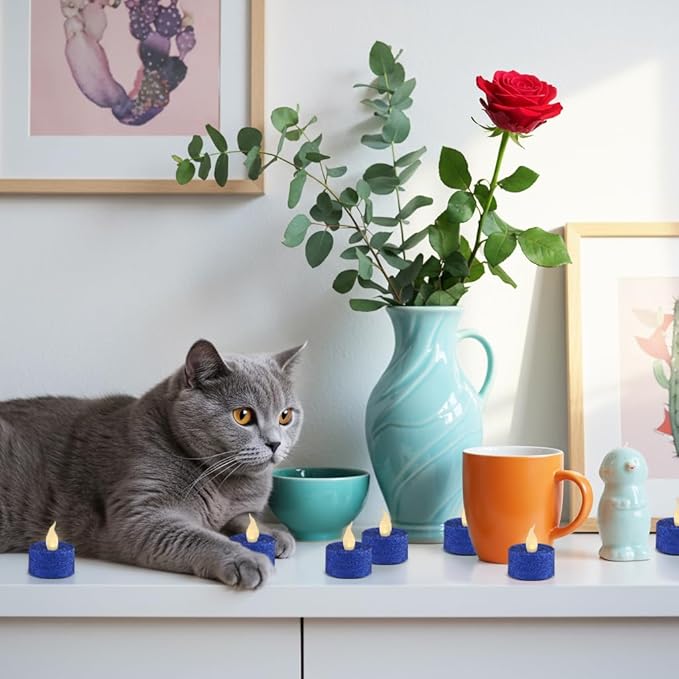 FURORA LIGHTING Royal Blue Glitter LED Tealight Candles Pack of 12, Flameless Flickering Tealight Candles for Home Décor, 1.5’’(W) x 1.65’’(H), Battery Operated