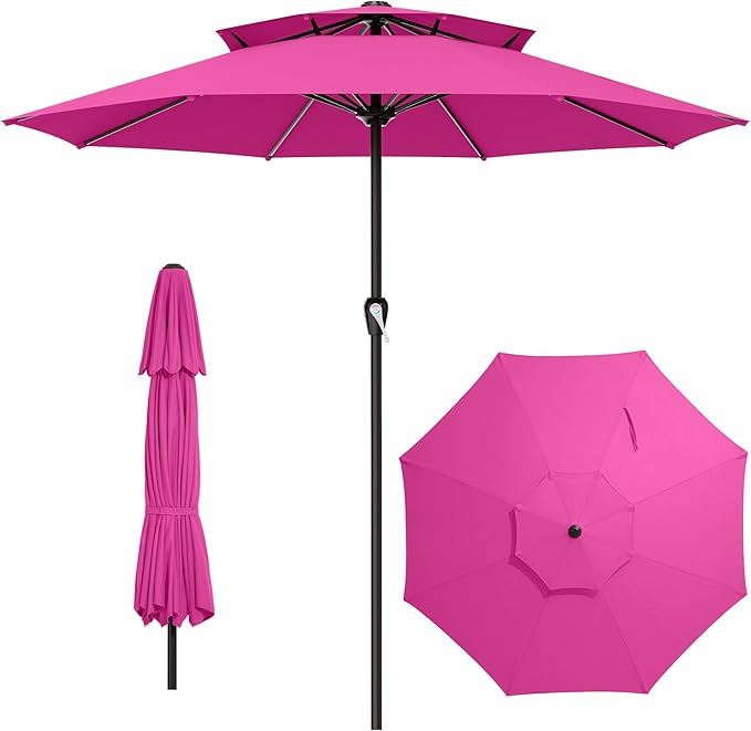 AreShark 12ft 2 Tiers Patio Umbrella - Outdoor Umbrella Waterproof UV Protection, Market Table Umbrella w/ 8 Sturdy Ribs&Crank for Pool, Porch, Garden(Rose Pink)
