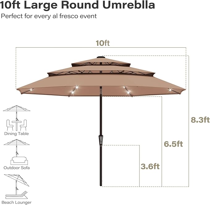 EO Living 10ft Patio Umbrella with Solar LED Lights,3-Tier Wind Resistant Outdoor Market Umbrella with Flexible 8 Ribs & Push Button Tilt, Solar Powered Umbrella for Deck, Poolside, Garden, Beige