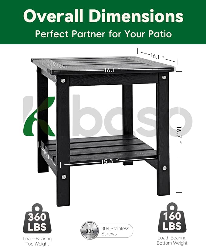 Kibaso-Adirondack Outdoor Side Table, 2-Tier HDPE Outdoor End Table, Weather Resistant Easy Maintenance, Small Patio Side Table for Patio, Pool, Porch, Garden, Lawn, and Living Room (2, Black)
