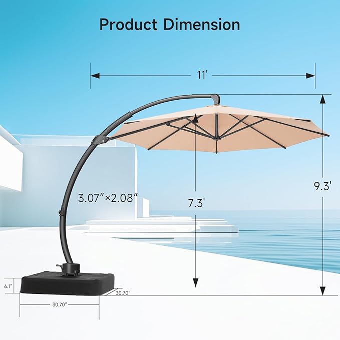 11 FT Outdoor Patio Umbrella with Base, Aluminium Curved Cantilever Umbrella, Large Round Hanging Offset Umbrella with Unlimited Position Adjustment and 360°Rotation for Market Garden Pool, Champagne