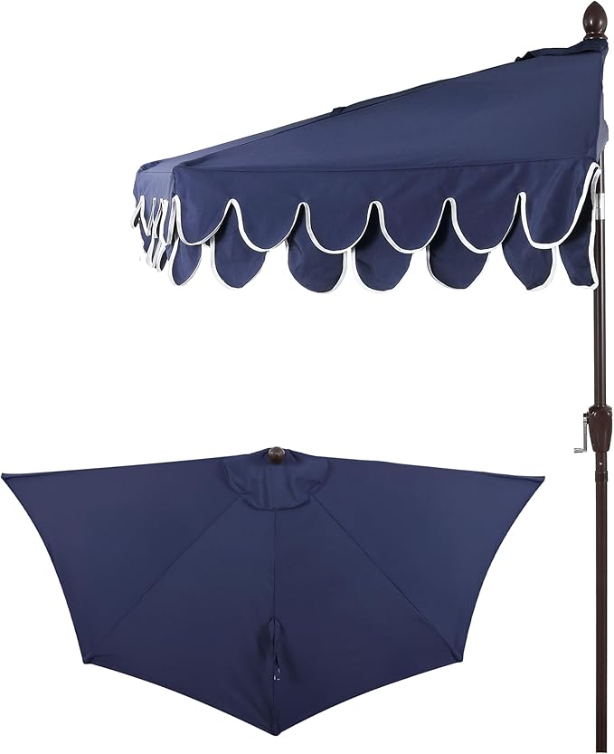 JONATHAN Y Terrace Scalloped 9 ft. Half Round Patio Umbrella with Crank Lift and Tilt, Coastal Semicircle Market Wall Umbrella for Balcony, Navy/White, Dark Brown Pole UMB1202B
