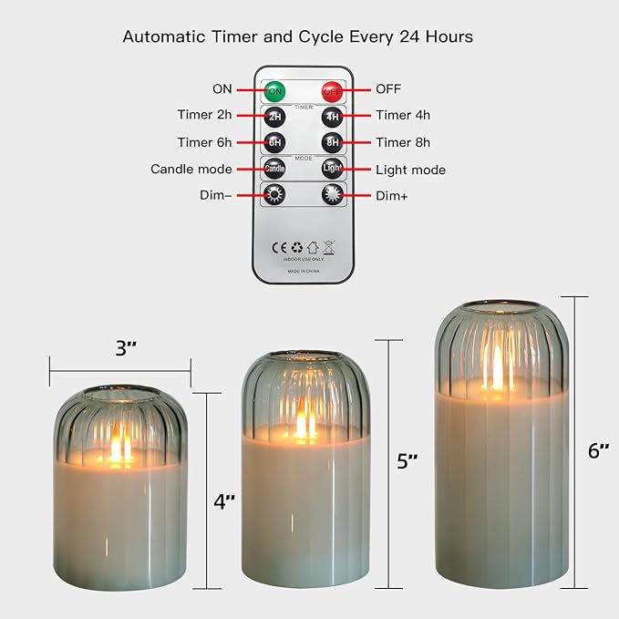MUMCHASI Green Flameless Battery Operated Candles with Remote, Set of 5 Glass Jar LED Candles with Dancing Flame, Flickering Electric Candlelight for Home Wedding Party Decor H4”5”5”6" 6”