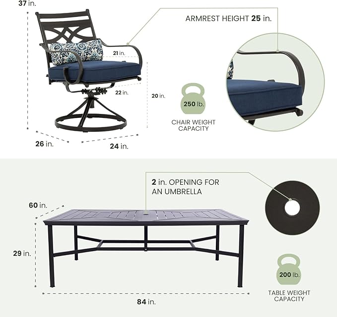 Hanover Montclair 11-Piece Patio Dining Set with 10 Swivel Rocker Chairs, Accent Lumbar Pillows and 84"x60" Steel Stamped Rectangular Table, Large Outdoor Patio Dining Set for 10, Navy Blue