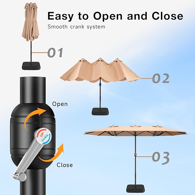 ONBRILL 2026 Upgraded 15ft Outdoor Patio Umbrella with Base Included, Extra Large Pool Umbrellas with Crank, Double Sided Rectangle Table Umbrella for Deck, Market, Garden