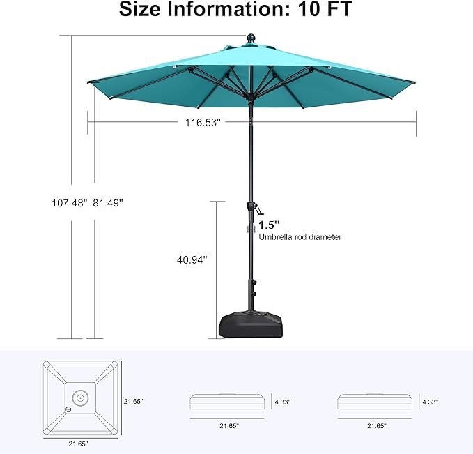 PURPLE LEAF 10' Round Patio Market Umbrella with Base Outdoor Table Umbrellas Aluminum Frame Sun Shade with 8 Sturdy Ribs Tilt for Garden Deck Lawn Pool Turquoise Blue