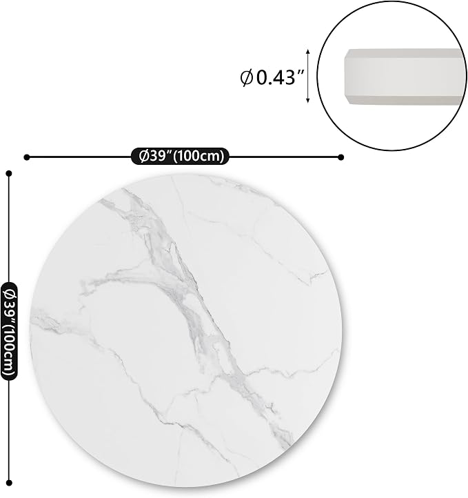 39.3" Round Sintered Stone Table Top - White | Heat & Scratch Resistant Durable Tabletop for Dining, Indoor/Outdoor, Pub & Home Office - All-Weather Use