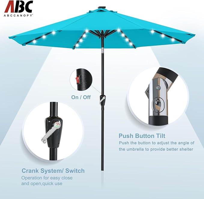 ABCCANOPY Durable Solar Led Patio Umbrellas with 32LED Lights 10FT (Turquoise)