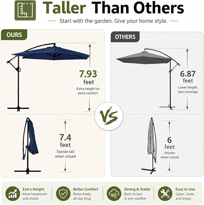JAMFLY Large 9FT Offset Patio Umbrella with Cantilever Crank & Infinite Tilt, Heavy Duty Outdoor Hanging Umbrella with Cross Base for Backyard, Deck, Poolside