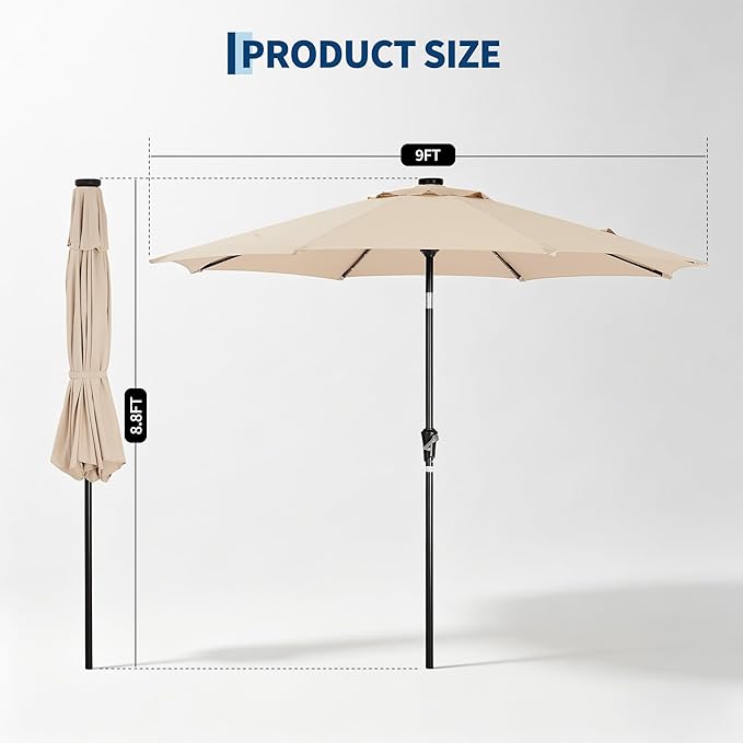 Garvee 9FT Patio Umbrella with 32 Solar LED Lights, Outdoor Table Market Umbrella with Tilt and Crank, 8 Sturdy Iron Ribs Sun Shade for Garden, Deck, Backyard and Pool, Beige