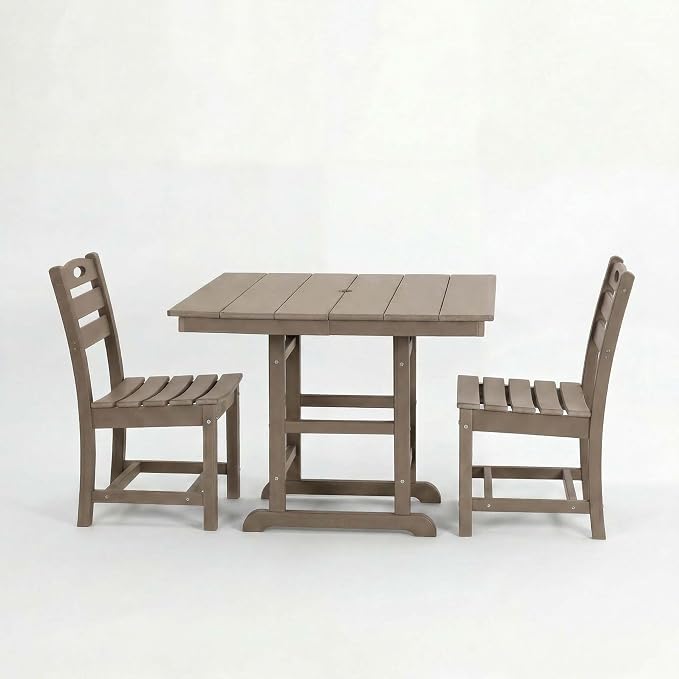 WILLIAMSPACE 37.8" Outdoor Patio Dining Set with 2 Armless Chairs, All Weather HDPE Square Dining Table with Umbrella Hole, Patio 3-Piece Bistro Set for Backyard, Balcony, Lawn, Kitchen (Brown)