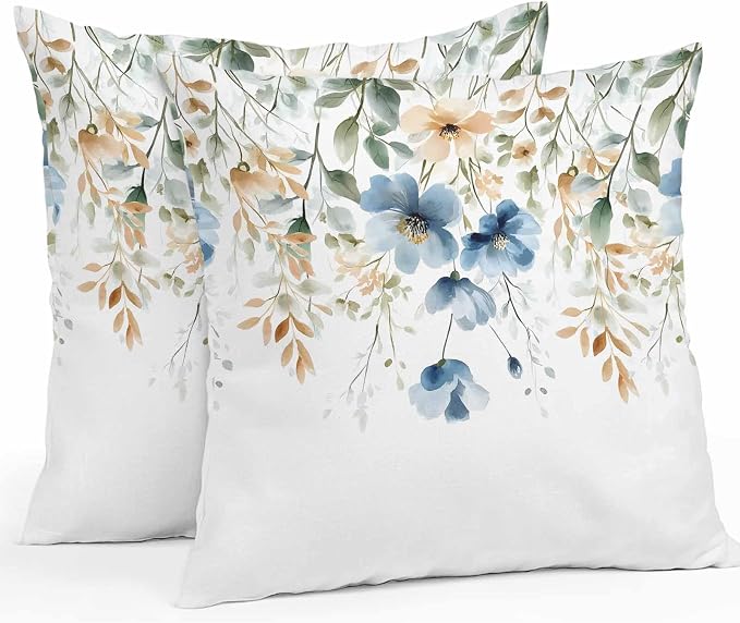 Blue Spring Floral Waterproof Outdoor Pillow Covers 24''x24'' Set of 2, Weeping Botanical Patio Furniture Summer Cushion Covers for Chairs, Decorative Wildflowers Pillow Cases for Garden/Pool/Beach