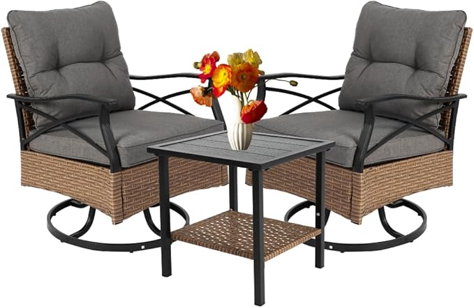Outdoor Swivel Rocker Chairs Set 3 with 1 Table and 2 Rocking & Swivel Chairs, Brown Wicker Outdoor Furniture Patio Conversation Set