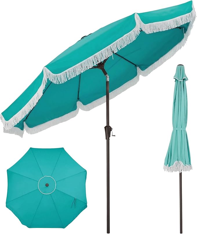 Garvee 10FT Fringe Patio Umbrella with Crank Handle,Push Button Tilt for Sun Shade,8 Fiberglass Ribs, 1.5"D Premium Steel Pole,Outdoor Large Tassel Umbrella for Patio Beach Pool Backyard,10' Lake Blue
