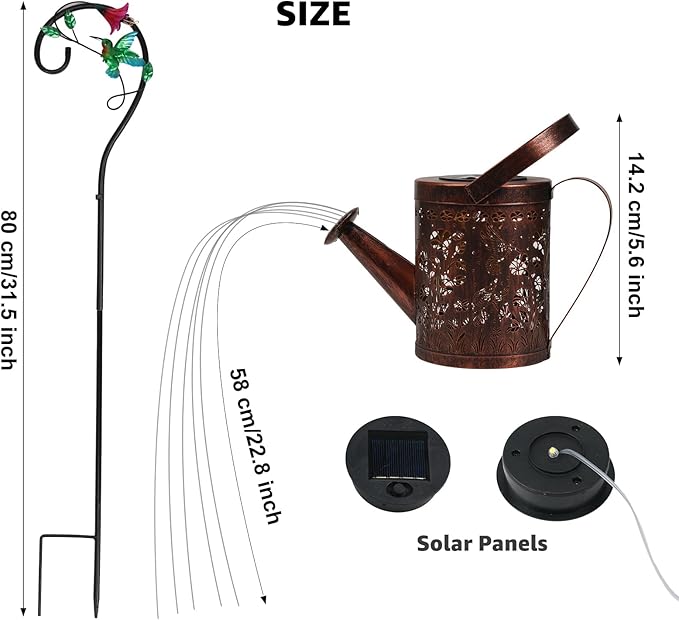 MEBRUDY Solar Garden Decor Lights, IP44 Waterproof Metal Hummingbird Solar Watering Can Lights Outdoor Decor for Yard Pathway Patio Lawn, Gifts for Women Mom Grandma Birthday