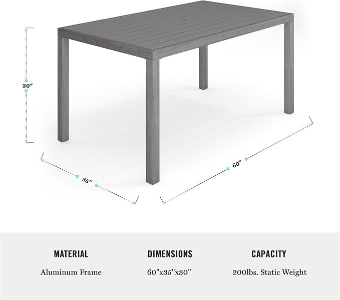 Martha Stewart Bedford 62" Indoor-Outdoor Aluminum Patio Table with Umbrella Hole and Brushed Woodgrain Finish in Gray