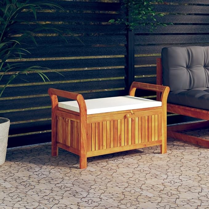 Wooden Outdoor Patio Storage Bench Large Deck Box with White Cream Cushion 35.8"x19.7"x23.6" Solid Wood Acacia Storage Box Deck Box with Seat for Garden, Balcony, Porch, Pool,Yard-AA