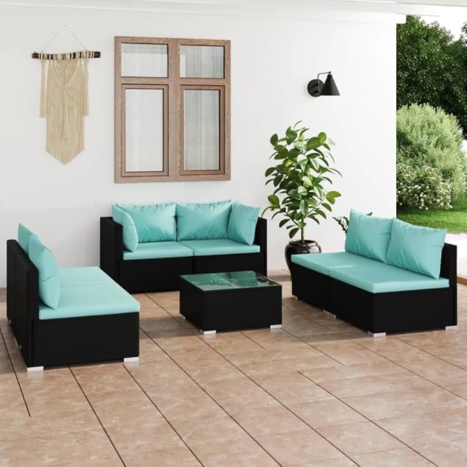 7 Piece Patio Lounge Set with Cushion, Piece Patio Set Patio Lounge Set Furniture Conversation Sets Outdoor Patio Sectional s Poly Rattan Black