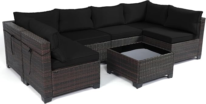 LEVELEVE 7 Pieces Outdoor Patio Furniture Sets,Rattan Conversation Sectional Set,Manual Weaving Wicker Patio Sofa with Tea Table