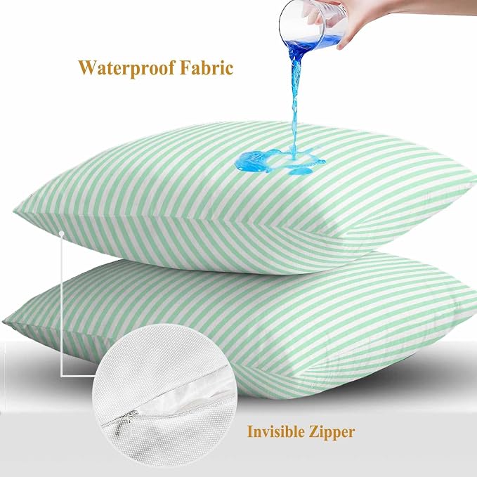 Throw Pillow Covers 16x16 Inch Set of 2, Green White Stripe Waterproof Outdoor Cushion Covers, Modern Minimalist Geometric Striped Decorative Pillowcases for Couch, Sofa, Bed, Garden, Patio