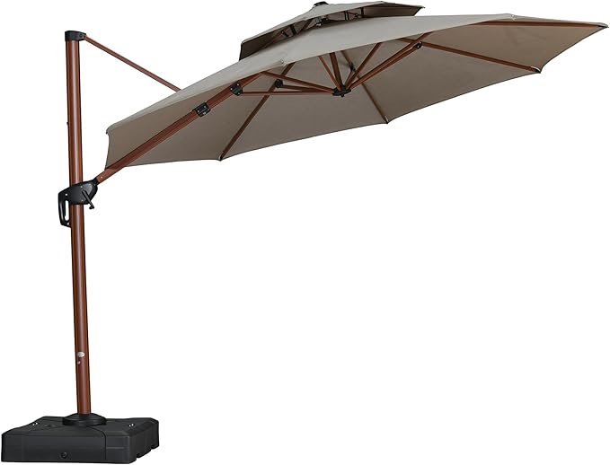 PURPLE LEAF 11ft Patio Large Cantilever Umbrella Outdoor Round Wood Umbrellas Offset Umbrella Heavy Duty Sun Umbrellas for Garden Deck Pool, Heather Taupe