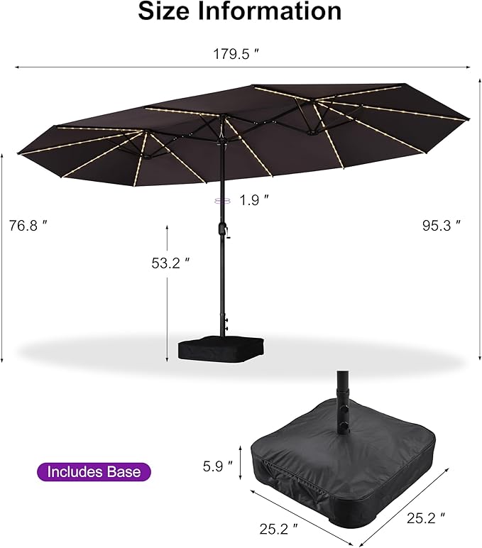 PURPLE LEAF 15ft Patio Market Umbrella with Solar LED and Base Double-Sided Rectangle Outdoor Table Sun Umbrellas with Crank for Pool Beach Deck Backyard Gray