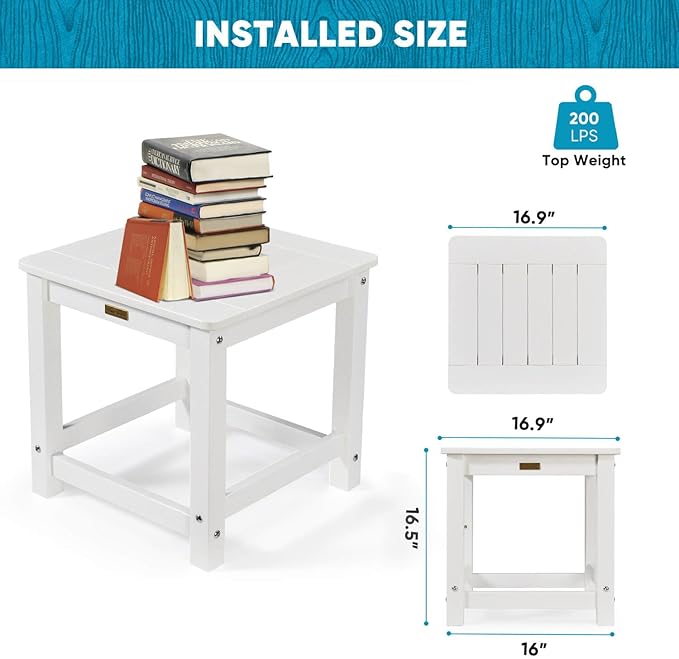 Outdoor Side Table Set of 4, HIPS Plastic Composite Adirondack Patio Table, Weather Resistant End Tables for Outside, Indoor, Patio, Garden, Pool, Porch, Backyard, Lawn, Deck - White