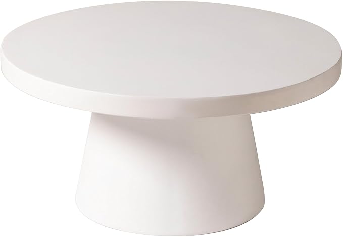 LeisureMod Minimalist White Side Table with Pedestal Base – Round Fiberstone Accent Table for Living Room, Outdoor, or Patio Use, Dune Series (White)