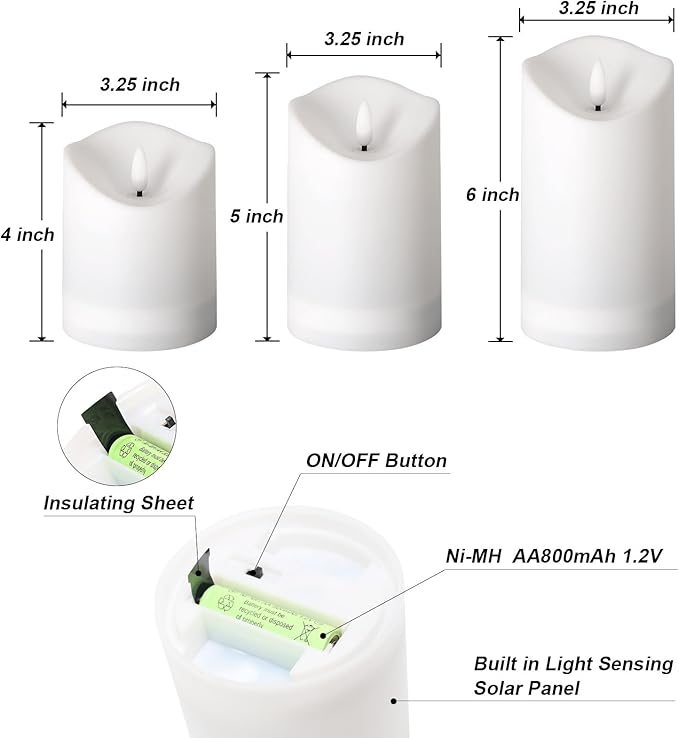 Solar Garden Decor-Solar Candles Outdoor Waterproof, Flameless LED Candles Rechargeable, Solar Powered Candles Dusk to Dawn for Patio Lantern Garden Table Decorations, Set of 2, 3.25" X 4"5" 6"