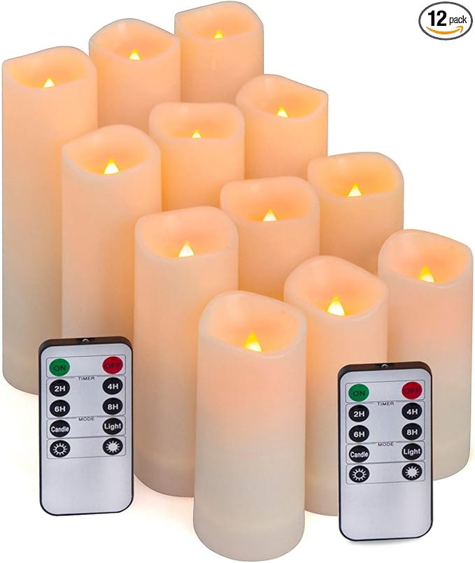 Aignis 12-Pack Waterproof Flameless Candles, 2.2" Slim Plastic Battery Operated LED Pillar Candles with 2 Remotes & Timers, Melt-Proof Fake Electric Candles for Outdoor Patio, Wedding, Home Decor