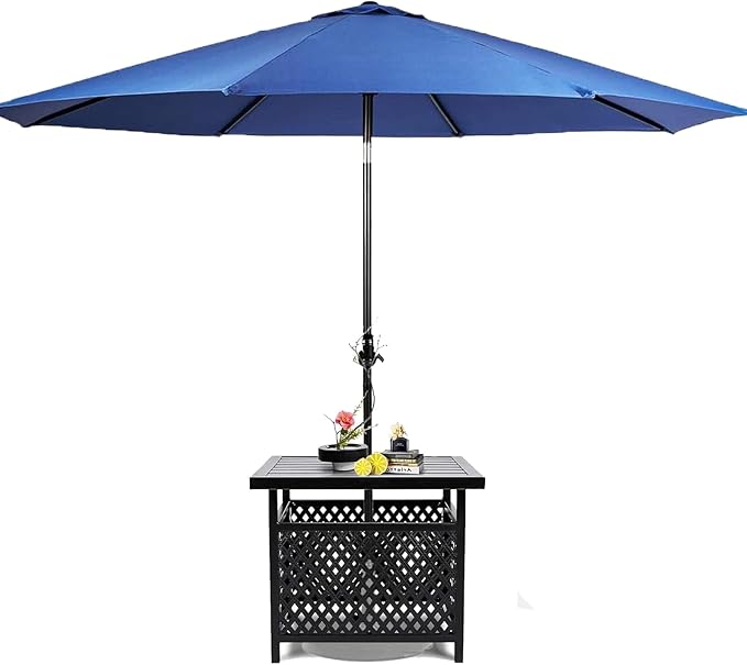 SUNCROWN Outdoor Patio Side Table, Patio Bistro Square Table with 9Ft Umbrella,for Backyard, Porch, Garden, Poolside(Dark Blue)