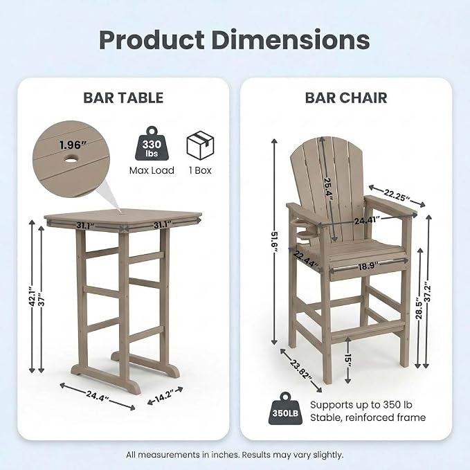WILLIAMSPACE Height Patio Bar Table Set of 3, Outdoor Square Bar Table with Umbrella Hole, 2 Bar Stools with Cup Holders, 3-Piece All-Weather Outdoor Bistro Set for Kitchen Outside (Antique Oak)