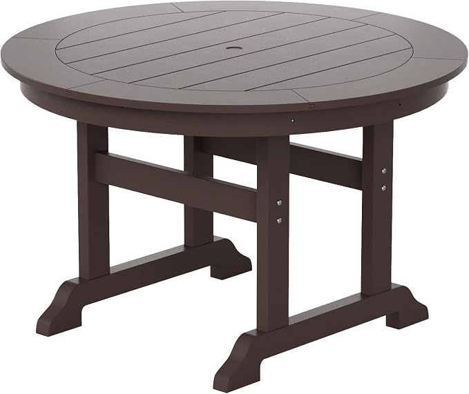 WestinTrends Malibu 5 Piece Adirondack Patio Dining Set, All Weather Poly Lumber Outdoor Table and Chairs Furniture Set, 47" Trestle Round Dining Table and 4 Adirondack Dining Chair, Dark Brown