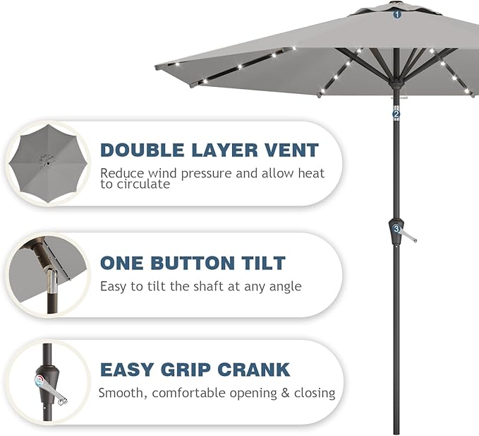 9FT Patio Umbrella with Solar Lights,Outdoor Market Umbrella with Tilt and Crank, LED Lighted Table Umbrella for Garden,Deck,Backyard,Pool,Beach (Light Gray)