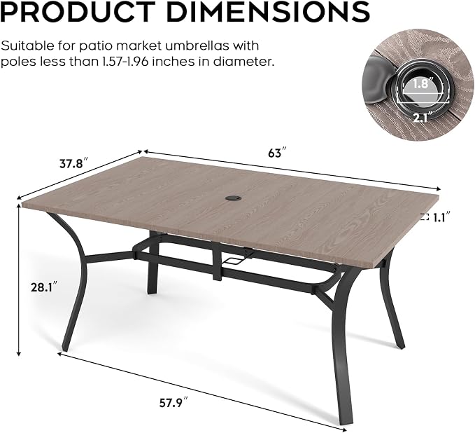 63”x37.8” Metal Outdoor Dining Table for 6,Rectangular Patio Dining Table with Adjustable Umbrella Hole,All-Weather Brown Outdoor Patio Table for Porch, Garden, Backyard, Poolside, Lawn