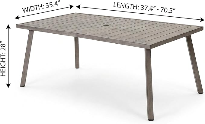 Outdoor Folding Dining Table, 37.4"-70.5" Extendable Patio Iron Table with Umbrella Hole, Weather Resistant Slatted Rectangular Table for Backyard Garden, Gray Finish, Seats 6-8 People