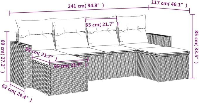 6 Piece Patio Sofa Set with Cushions, Sectional Sofa Front Porch Furniture Garden Lounge Set Patio Conversation Set for Piazza Poolside Negotiation Area Garden Black Poly Rattan