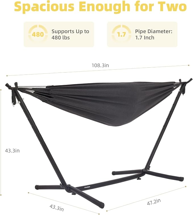 EchoSmile Double Hammock with Detachable Stand - 480 lbs Heavy Duty 2 Person Hammock Adjustable Hooks Indoor Outdoor Stand Hammock Durable Steel Frame - Charcoal Gray