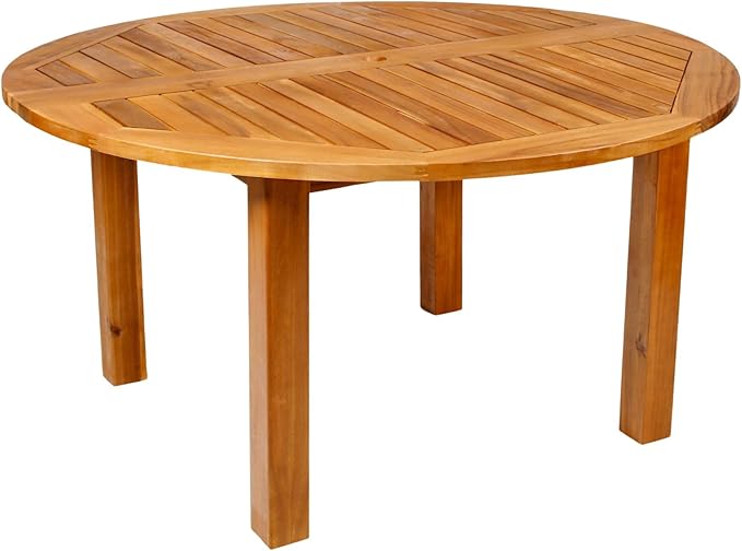 Patio Wise Round Acacia Wood Patio Table, Indoor/Outdoor Wooden Dining Tables, Deck, Balcony, & Porch Furniture, 57-Inches Long x 57" Wide x 29 ½ -Inches High with 2-Inch Umbrella Hole, Teak