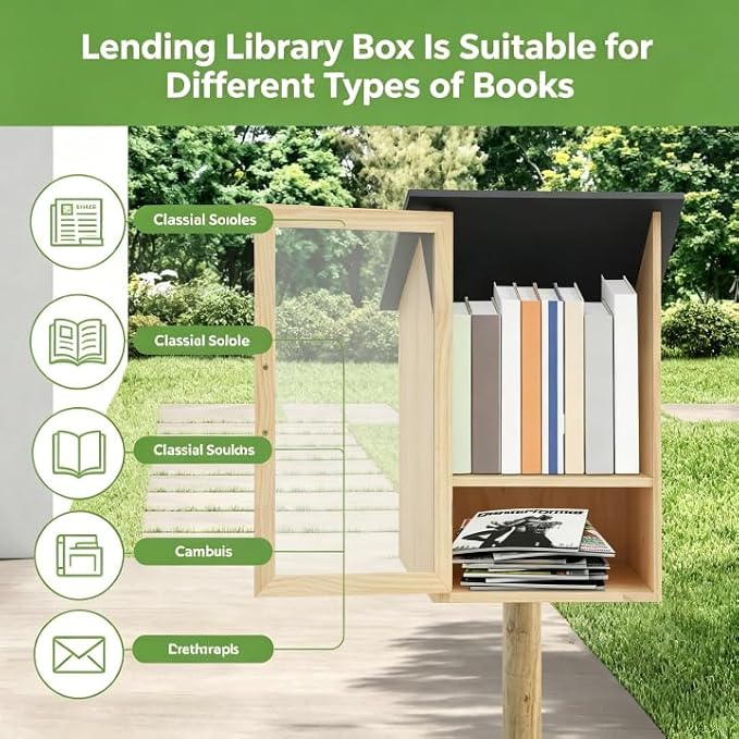 Little Outdoor Library Box, 2-Tier Waterproof Free Library Wooden Cabinet, 16x14x23in Small Storage Box for DIY, Neighbourhoods, Communities and Kids to Share Books, Magazines, Artworks