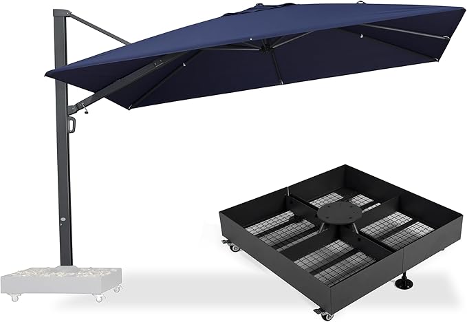 PURPLE LEAF 12' X 9' Space Saving Rectangle Patio Umbrella with Base Included Large Patio Aluminum Offset Umbrella with 360-degree Rotation Cantilever Umbrella for Backyard Pool Garden Deck Navy Blue