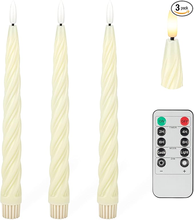 Flameless Taper Candles with 3D Wick, 9.6" Real Wax LED Candles with Remote and Timer, 3 Pack Flickering Candlesticks Battery Operated, Spiral Taper Candle for Home, Wedding, Party, Ivory