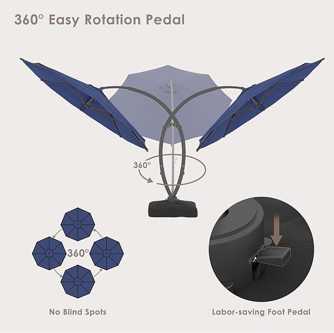 ENSTVER 11FT Cantilever Patio Umbrella With Base Included, Round Large Aluminum Outdoor Cantilever, Heavy Duty Offset Umbrella with 360°Rotation for Pool, Deck, Backyard, Garden(Navy Blue)