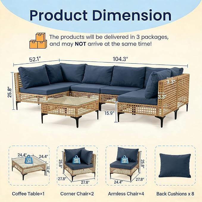 7 PCs Outdoor Patio Furniture All Weather Wicker Rattan Sectional Conversation Sofa Set w/Water Resistant Cushions, Coffee Table for Paito, Lawn, Garden, Dark Blue