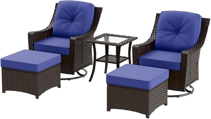 Stone Creek Outdoor Furniture Set with Swivel Rocking Chairs, Side Table & Ottomans, Wicker Patio Conversation Set, Balcony Furniture, 5 Piece, Brown/Blue