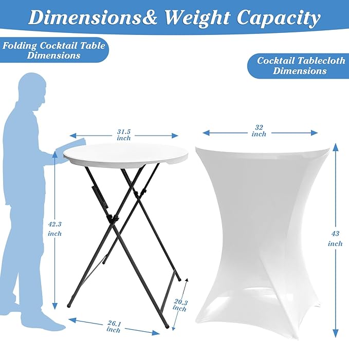 32in Round Folding Cocktail Table Bar Height White 2 PC | 32in round folding bar height table set, detachable legs, portable for indoor outdoor weddings parties events, 2 pack