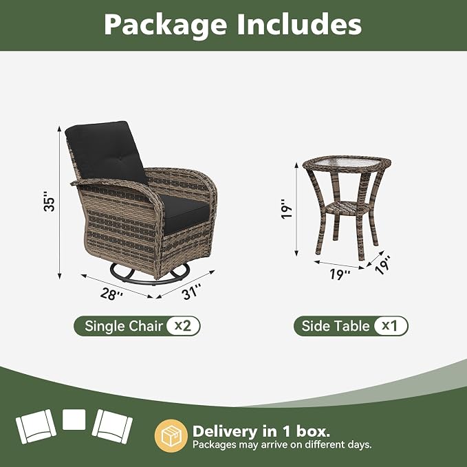 Aoxun 3 Piece Outdoor Patio Furniture Set with Side Table, Outdoor Patio Furniture Sets with High Back Swivel Rocker Chairs, Outdoor Sofa Set with Ottoman for Backyard & Garden, Black